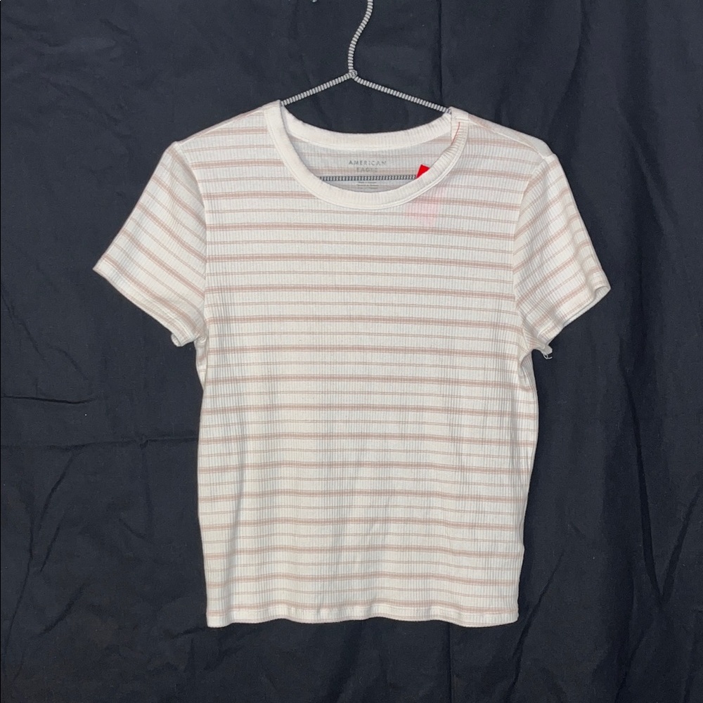 American Eagle Outfitters White Tee with Pale Pink Stripes